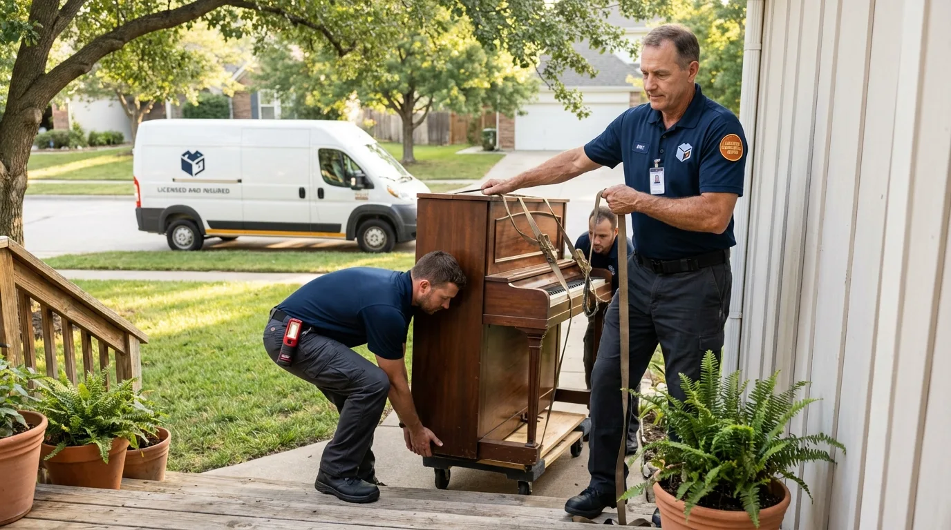 Licensed piano movers securing grand piano in Newport, RI