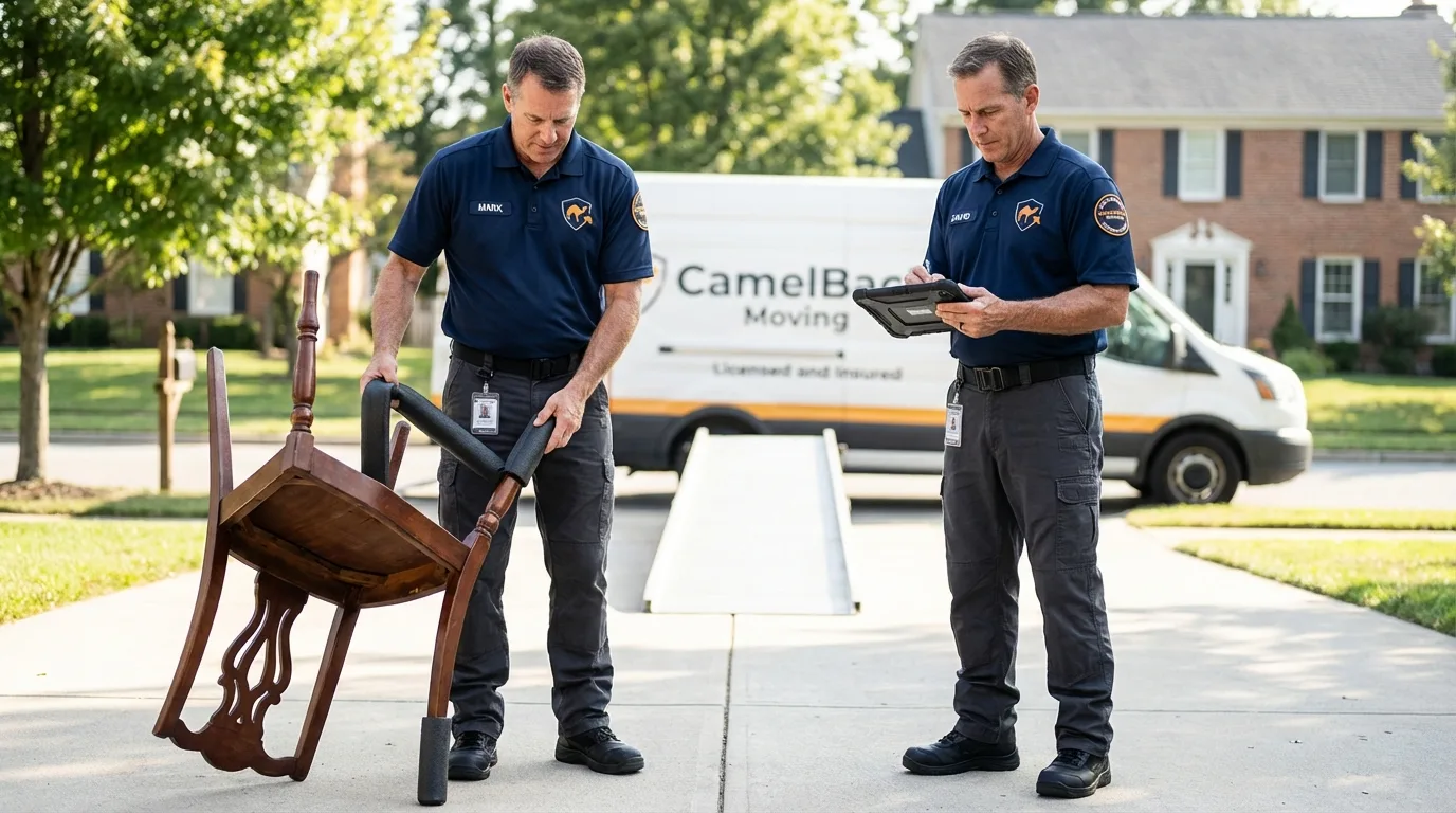 Movers inspecting furniture for damage prevention before loading in Newport, RI