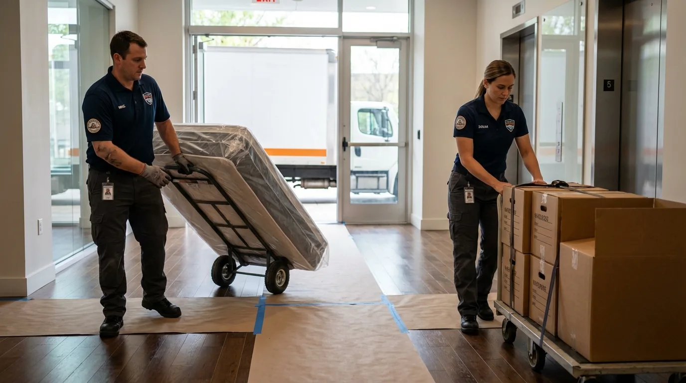 Professional apartment movers loading elevator in Newport, RI