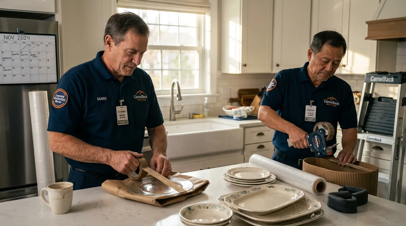 Professional crew packing kitchen dishware in Newport, RI